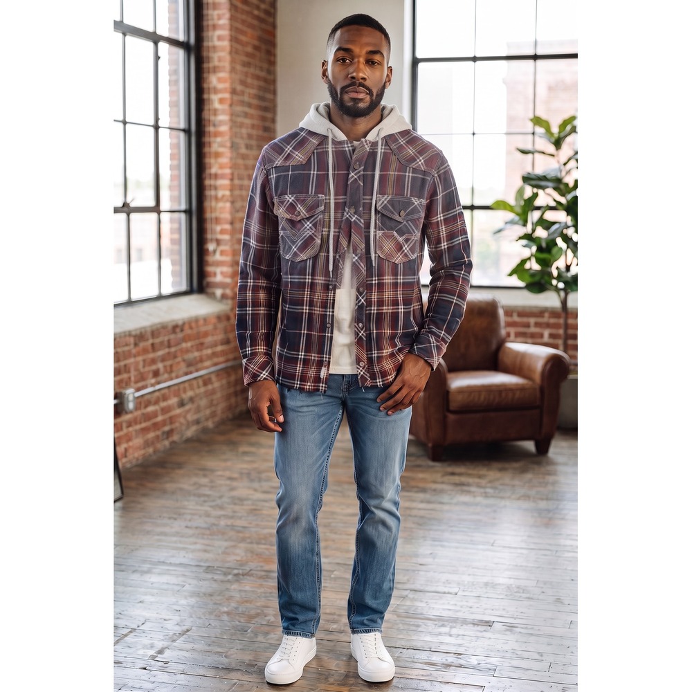 BKE Vintage Mens Plaid Hooded Flannel Shirt Blue Red VI43FPW Small